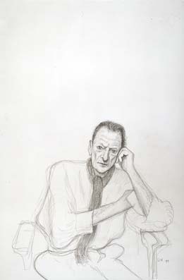 David Hockney, Lucien Freud. 1999 Pencil on grey paper using Camera Lucida, 22 1/4 x 15"
